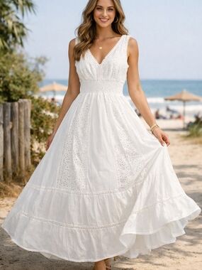 Magic White Eyelet V-Neck Maxi Dress